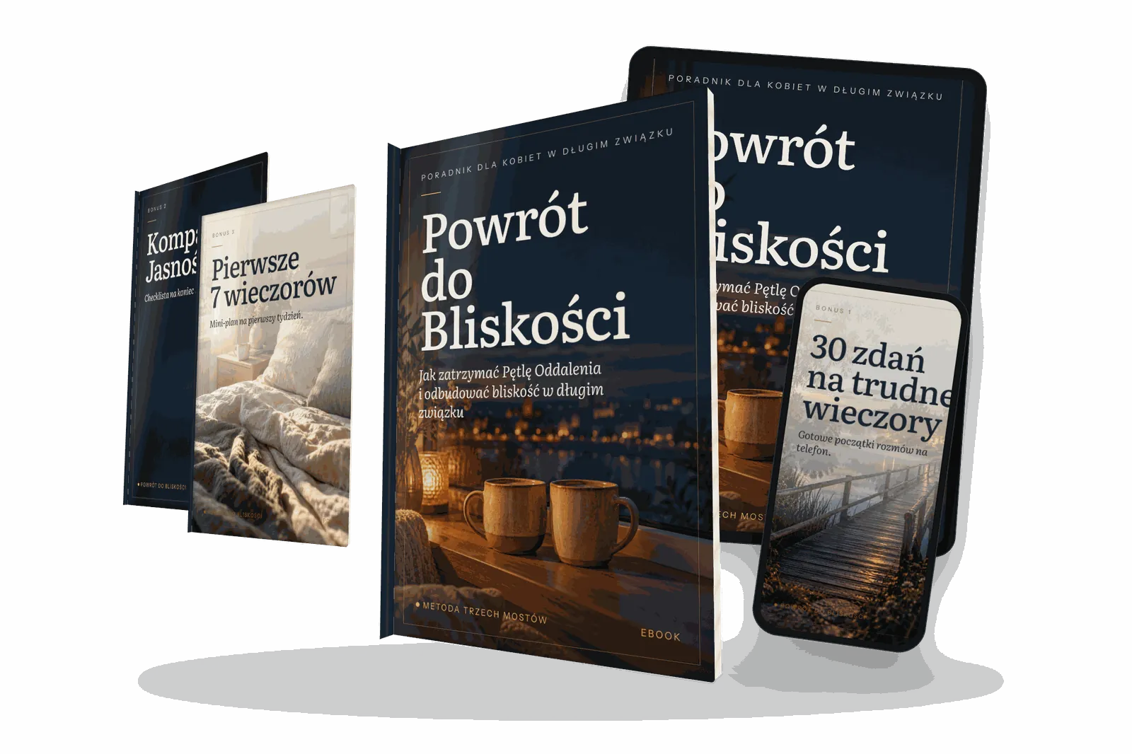 Ebook „Powrót do Bliskości” na tablecie i trzy dodatki w PDF: Ściąga 30 zdań, Kompas Jasności, Pierwsze 7 wieczorów