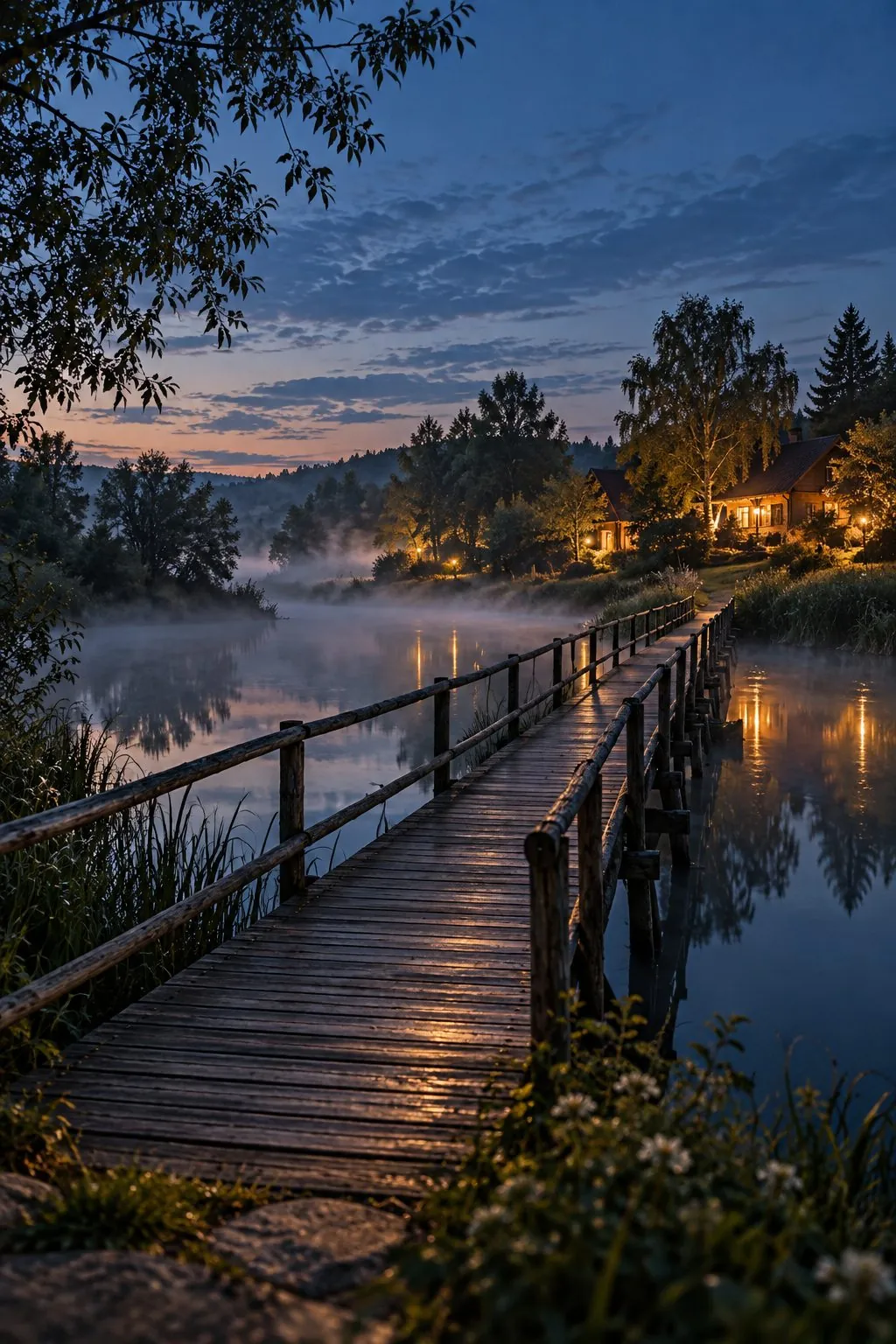 Drewniana kładka nad wodą o zmierzchu – Most Słów