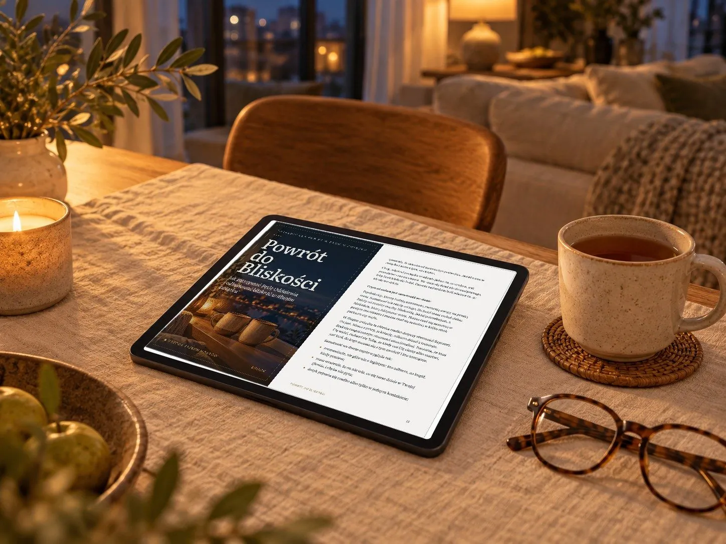 Ebook „Powrót do Bliskości” otwarty na tablecie, obok kubek herbaty i okulary